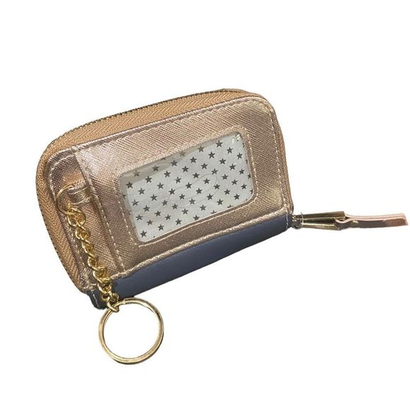 CUTE Small Keychain Wallet Bulldog Design Rose Gold Trim Zip Around ID Window - Picture 2 of 4